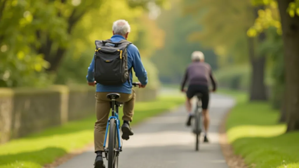 Senior cyclist carrying backpack with cycling gear and supplies while walking bike on the Royal Canal Greenway towpath