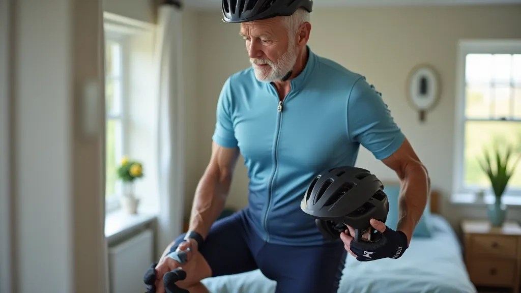 Senior man wearing padded cycling shorts and comfortable cycling jersey, demonstrating proper cycling attire