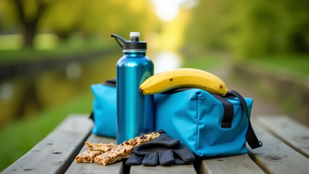 Reusable water bottle and energy snacks arranged on outdoor picnic table beside canal